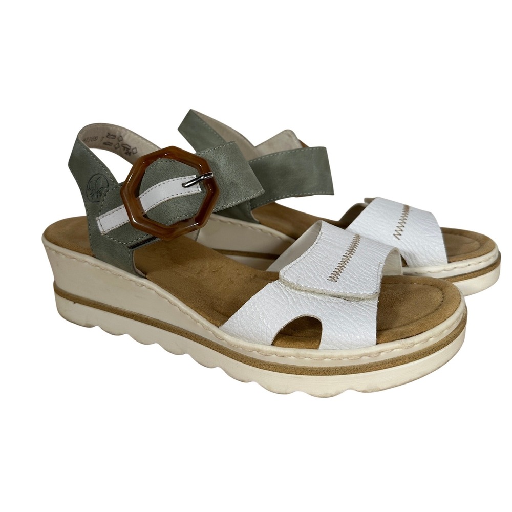 Rieker Antistress Sage Green White Platform Wedge Sandals Buckle Size 42‎ 10.5